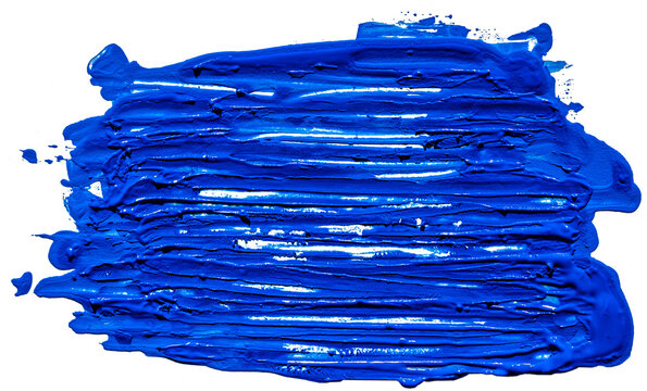 Highly textured glossy deep cobalt blue horizontal thick acrylic paint smear brush stroke isolated on transparent background