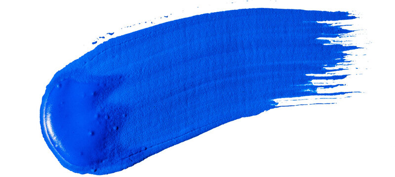 Glossy vibrant blue acrylic paint brush stroke swoosh with dry edges isolated on a transparent background
