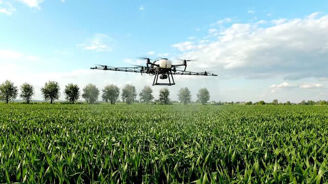 Agricultural Drone Spraying Green Crop Field
