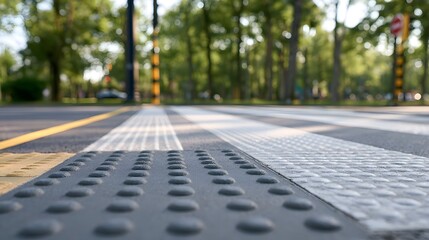 Fototapeta premium Close up of tactile paving on a pedestrian crossing with blurred trees and road in background under natural daylight