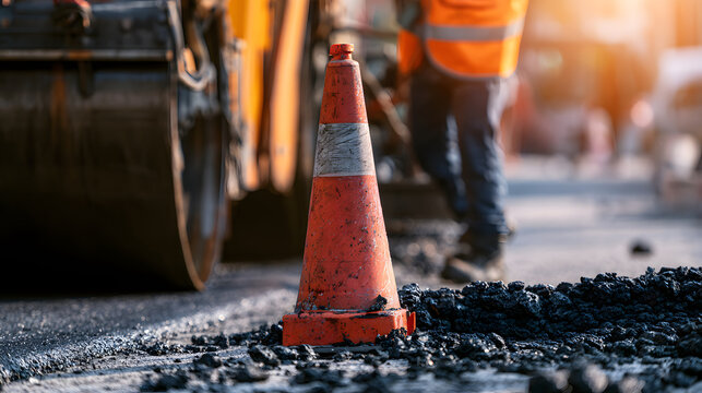 Conducting the road construction, the worker employs a roller to spread asphalt with traffic cones as markers, forming a new black pavement in the outdoor construction zone