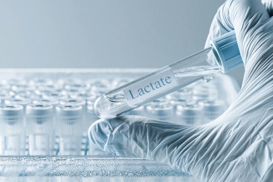 Gloved hand holding a lactate blood sample tube, featuring a cool icy sheen and frosted laboratory setting for clinical diagnostics and health campaigns