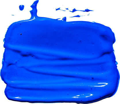 Thick glossy ultramarine blue acrylic paint brush stroke swatch with top drips isolated on transparent background