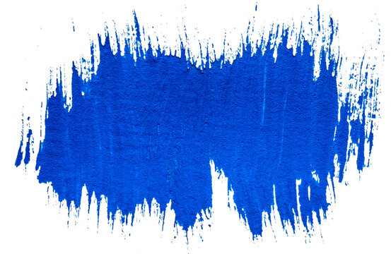 Vibrant blue acrylic paint brush stroke with rough distressed jagged edge textures isolated on transparent background