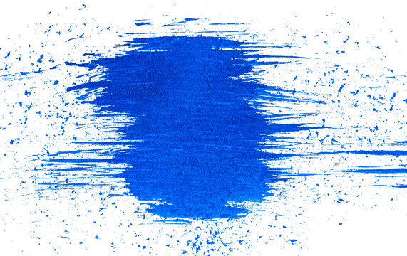 Vibrant cobalt blue grunge acrylic dry brush stroke featuring horizontal scratch splatters isolated on transparent background