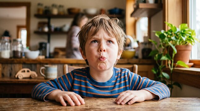 Young boy with messy hair makes a funny face with puckered lips looking up in a kitchen setting
