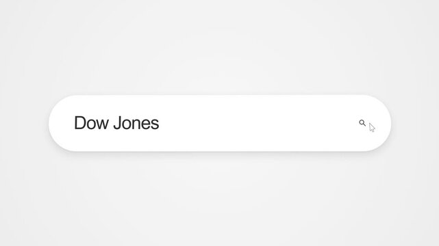 Searching for Dow Jones on an internet search engine using a web browser, illustrating online financial research, stock market information and web browsing