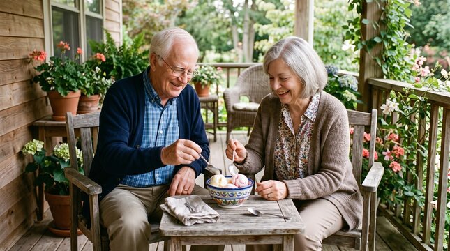 Elderly couple enjoying ice cream together on a porch surrounded by flowers and greenery