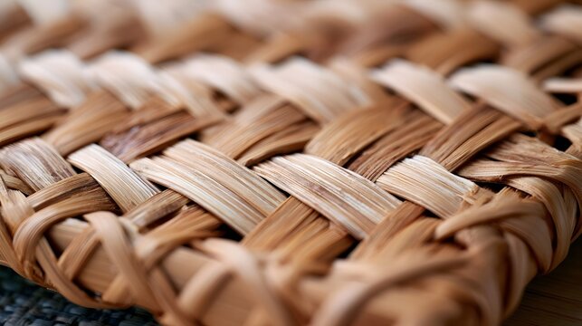 Close up of woven reed basket texture with natural brown tones and detailed interlaced pattern