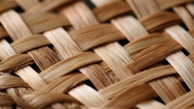 Close up of woven reed basket texture with natural brown fibers and detailed interlacing pattern