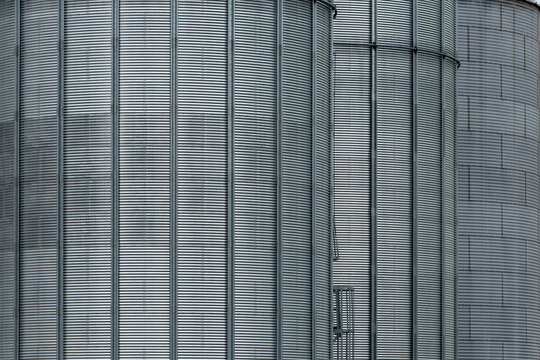 Close up architectural detail of a metal grain silo