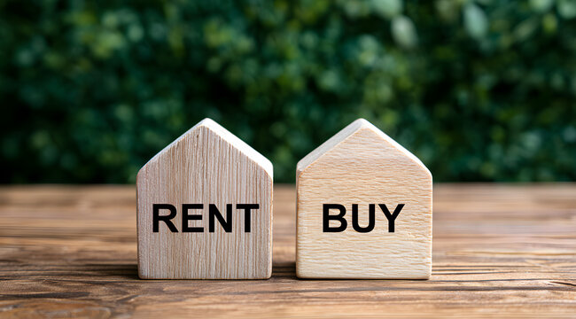 Two house-shaped wooden blocks, marked RENT and BUY, signify choices in housing.
