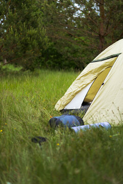 Camping tent set up in a lush green meadow