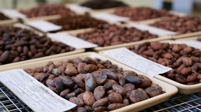 Rows of dried cocoa beans in trays with labels for sensory evaluation and ingredient comparison
