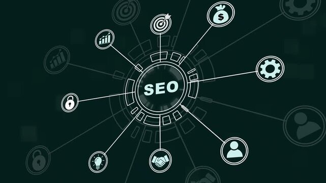 Dynamic seo strategy infographic animation featuring digital marketing search engine optimization network connections, data analytics growth symbols, and futuristic hud interface for business
