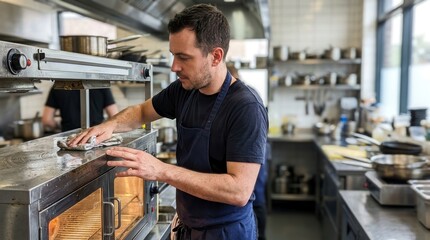 Fototapeta premium Chef Meticulously Cleaning Stainless Steel Oven in a Busy Restaurant Kitchen