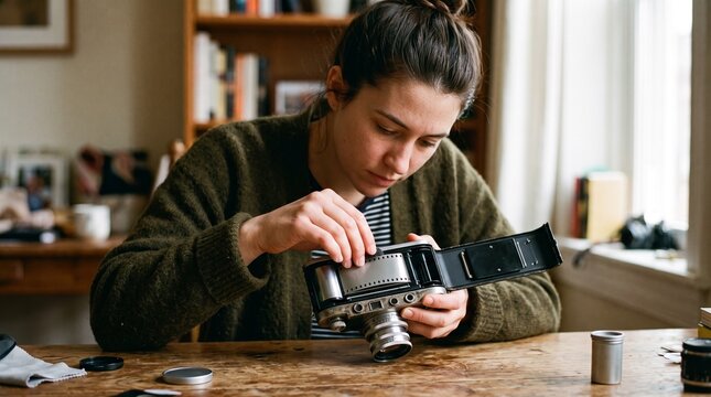 Young woman loading film into an old analog camera on a wooden table