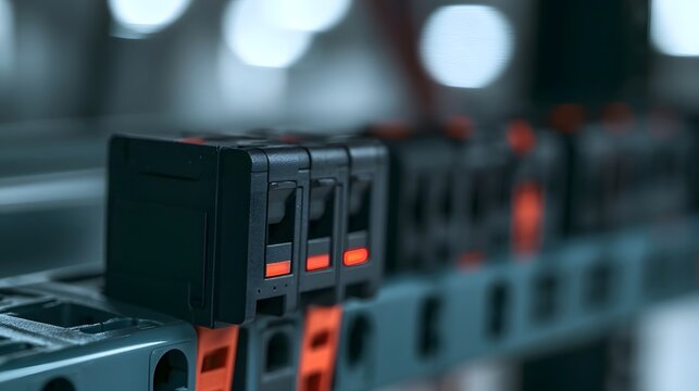 Close up of black surge protection devices mounted on a power strip with orange indicator lights glowing