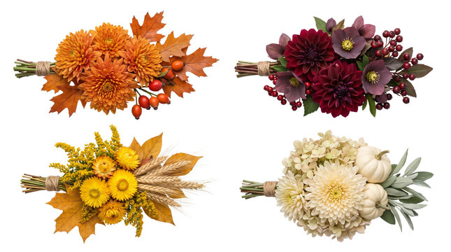 four autumn floral bouquets isolated on transparent background png