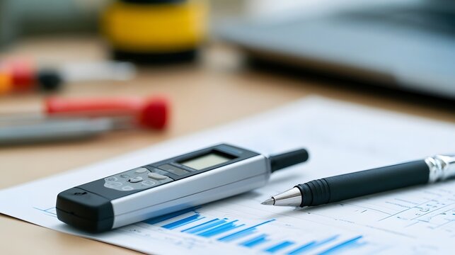 A digital coating thickness gauge rests on technical blueprints with a pen  suggesting precision measurement in an engineering or industrial setting