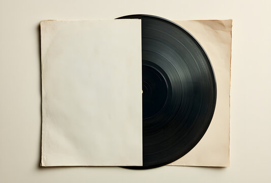 A classic black vinyl record partially slipped out of its plain, dated white paper wrapper
