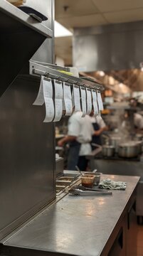 A glimpse into the rhythmic chaos of a professional kitchen where hanging order tickets orchestrate a symphony of culinary excellence and fast service