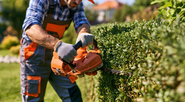 A professional male gardener in a uniform, armed with a gasoline-powered hedge trimmer, is cutting the foliage and shaping the green boxwood hedge in the sunny backyard. The shot captures a landscapin