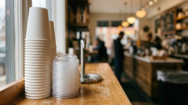 Morning scene in a cozy cafe featuring a neat stack of disposable paper cups and clear plastic lids resting on a warm rustic wooden counter