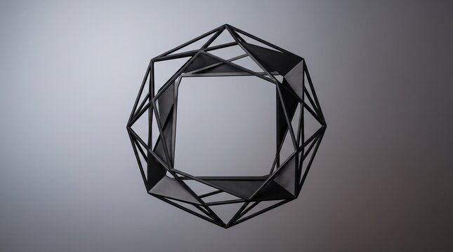 Geometric metal structure exhibits a complex polygonal shape with an empty square center.