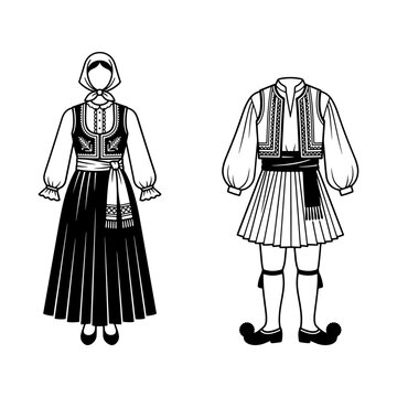 Detailed vector illustration showcasing traditional Greek costumes for Sirtaki dance. Features a female folk dress with headscarf and a male fustanella ensemble. Perfect for cultural, travel, and heri