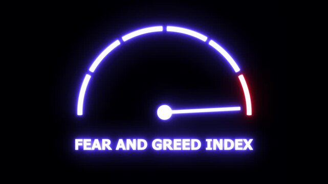 Dynamic fear and greed index gauge animation with glowing neon indicator needle moving across financial market sentiment scale for stock trading analysis, economic volatility, and investment risk