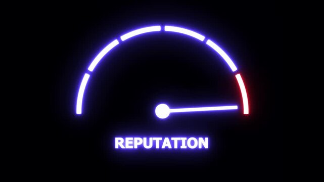 Dynamic neon reputation gauge meter animation featuring a glowing indicator needle moving across a digital scale to represent brand trust, public perception, corporate integrity, and customer feedback