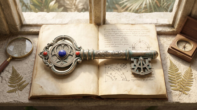 Ornate antique skeleton key resting upon ancient weathered parchment pages inside a sunlit wooden library room