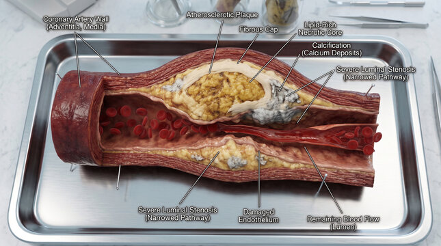 Detailed medical illustration showing coronary artery disease with atherosclerotic plaque buildup and severe luminal narrowing conditions