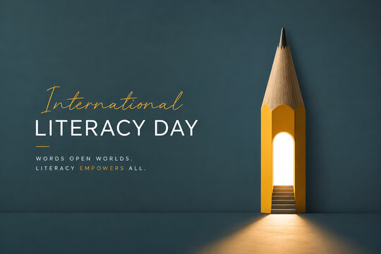 Creative yellow pencil shaped house featuring an open doorway with glowing light representing international literacy day celebration for global education