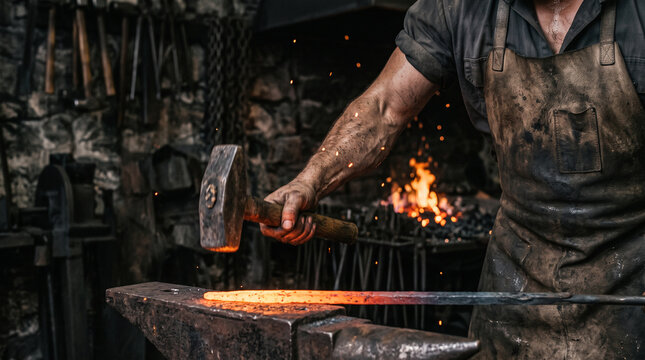 Muscular blacksmith wearing leather apron strikes glowing hot metal with heavy iron hammer inside forge