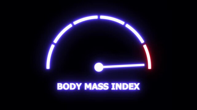 Dynamic glowing neon body mass index gauge animation featuring a moving indicator needle for health, fitness, weight loss tracking, medical analysis, and wellness data visualization concepts on black