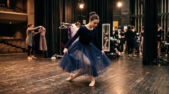Young ballerina in a dark blue tutu practices on a wooden stage with other dancers in the background