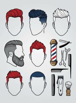 Barber Shop Vector Elements Set with Men's Hairstyles, Beard Styles, and Professional Grooming Tools for Hair Salon Branding