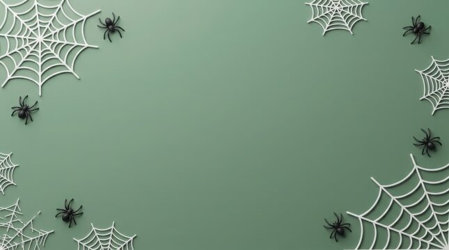 Halloween spiderwebs and spiders scattered on a muted green background with copy space
