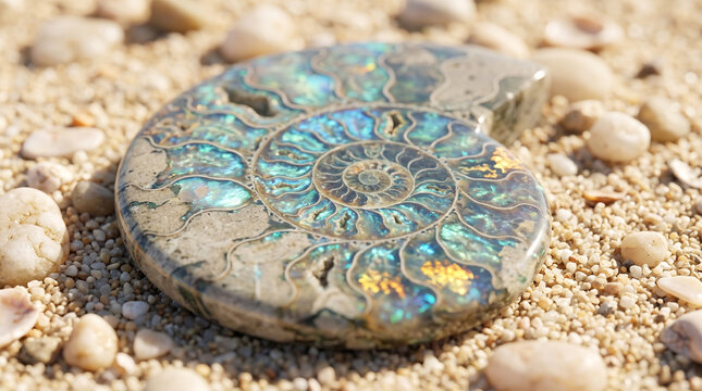 Iridescent ammonite fossil displaying natural blue and gold colors resting upon small light beach stones
