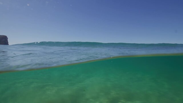 Clear turquoise ocean meets blue sky along a low waterline with rippled sand visible below, splitlevel