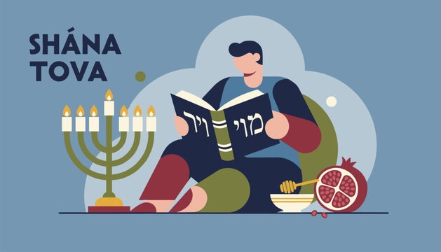Jewish man reads a sacred book near a burning Menorah and a sweet pomegranate to celebrate Shana Tova holidays.