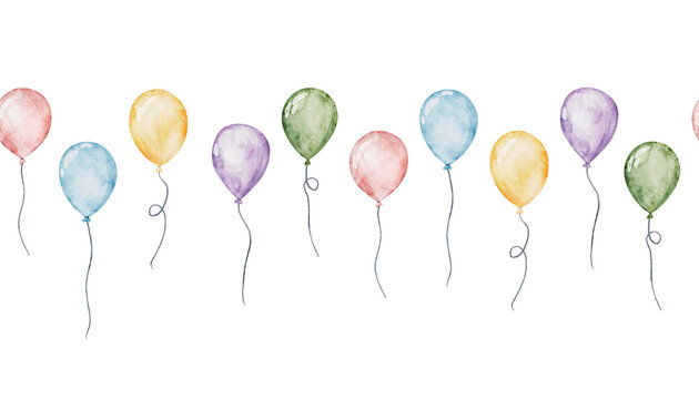 Vibrant watercolor seamless border of colorful ballons. Hand painted festive air balloons background for holiday greeting cards, birthday parties, children's clothing textiles