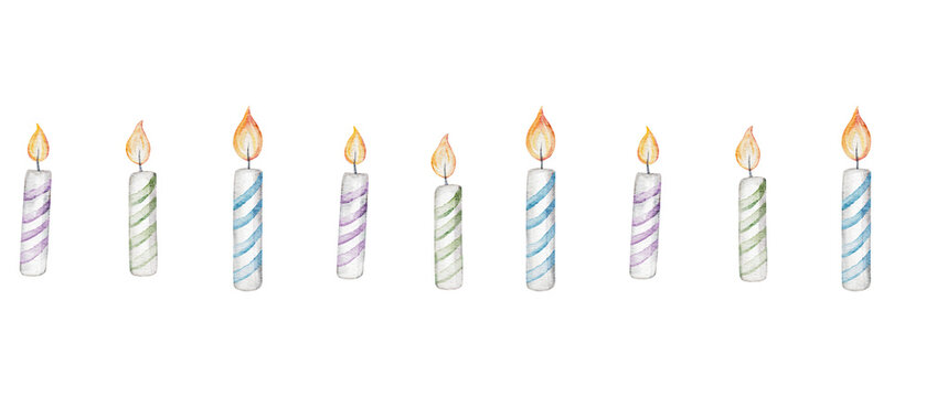 Watercolor birthday burning candles in various colors and striped patterns. Seamless border. Template for greeting card, invitation. Hand painted illustration isolated on transparent background