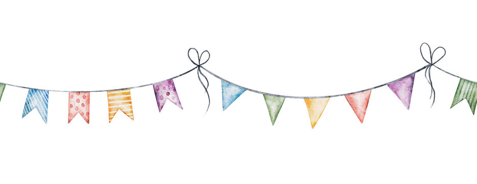 Watercolor Cute multicolor garlands, Colorful flags hanging. Celebration design element seamless border. Hand drawn kids illustration for baby shower greeting cards, birthday banners, and special