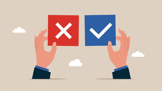 Hands with signs choosing option between yes and no. Choice, problem and decision concept. Business animation video.