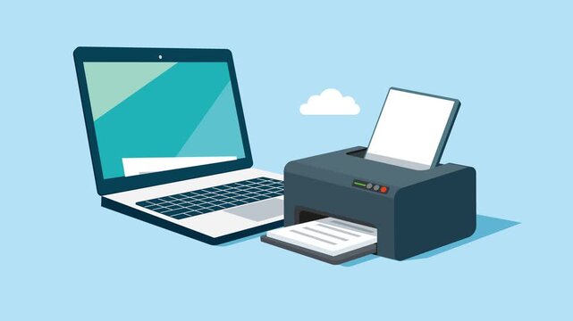 Printing documents in office. Laser printer connected to laptop by WiFi network. Computer hardware, office electronic device for printing documents. Business animation video