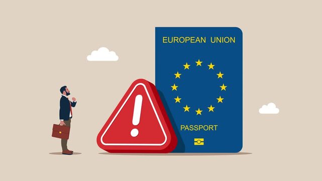 Passport European Union with exclamation attention sign. Cancelled document. Weak and at risk passport EU. Failure, crisis in business. Business animation video