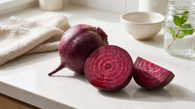Fresh organic beetroots cut into halves resting on a clean white kitchen counter top surface